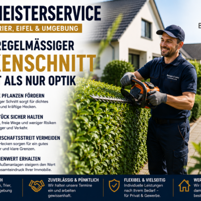 Heckenschnitt in Wittlich, Trier und der Eifel – warum regelmäßige Gartenpflege wichtig für Sicherheit, Werterhalt und ein gepflegtes Erscheinungsbild ist.