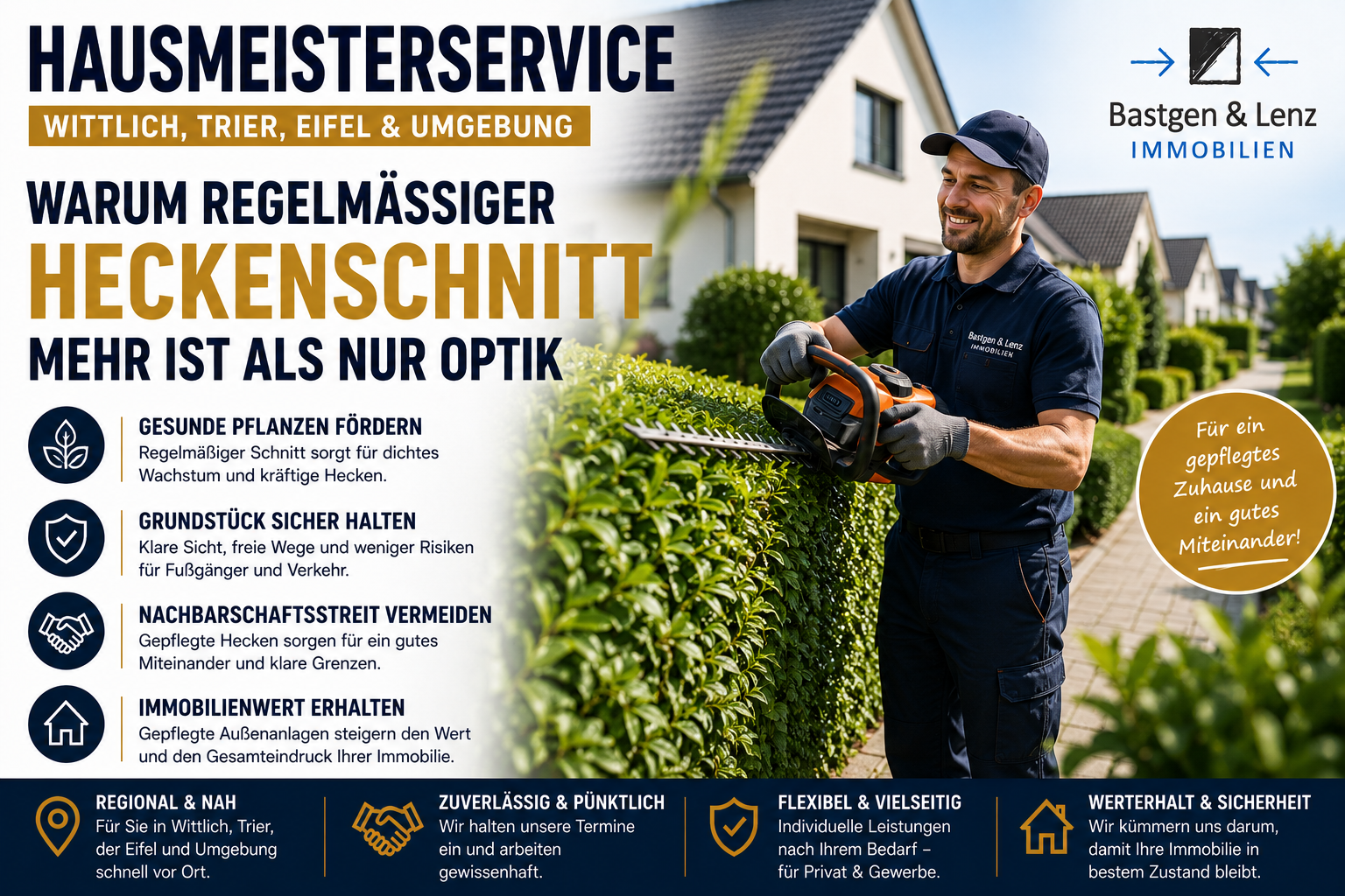 Heckenschnitt in Wittlich, Trier und der Eifel – warum regelmäßige Gartenpflege wichtig für Sicherheit, Werterhalt und ein gepflegtes Erscheinungsbild ist.