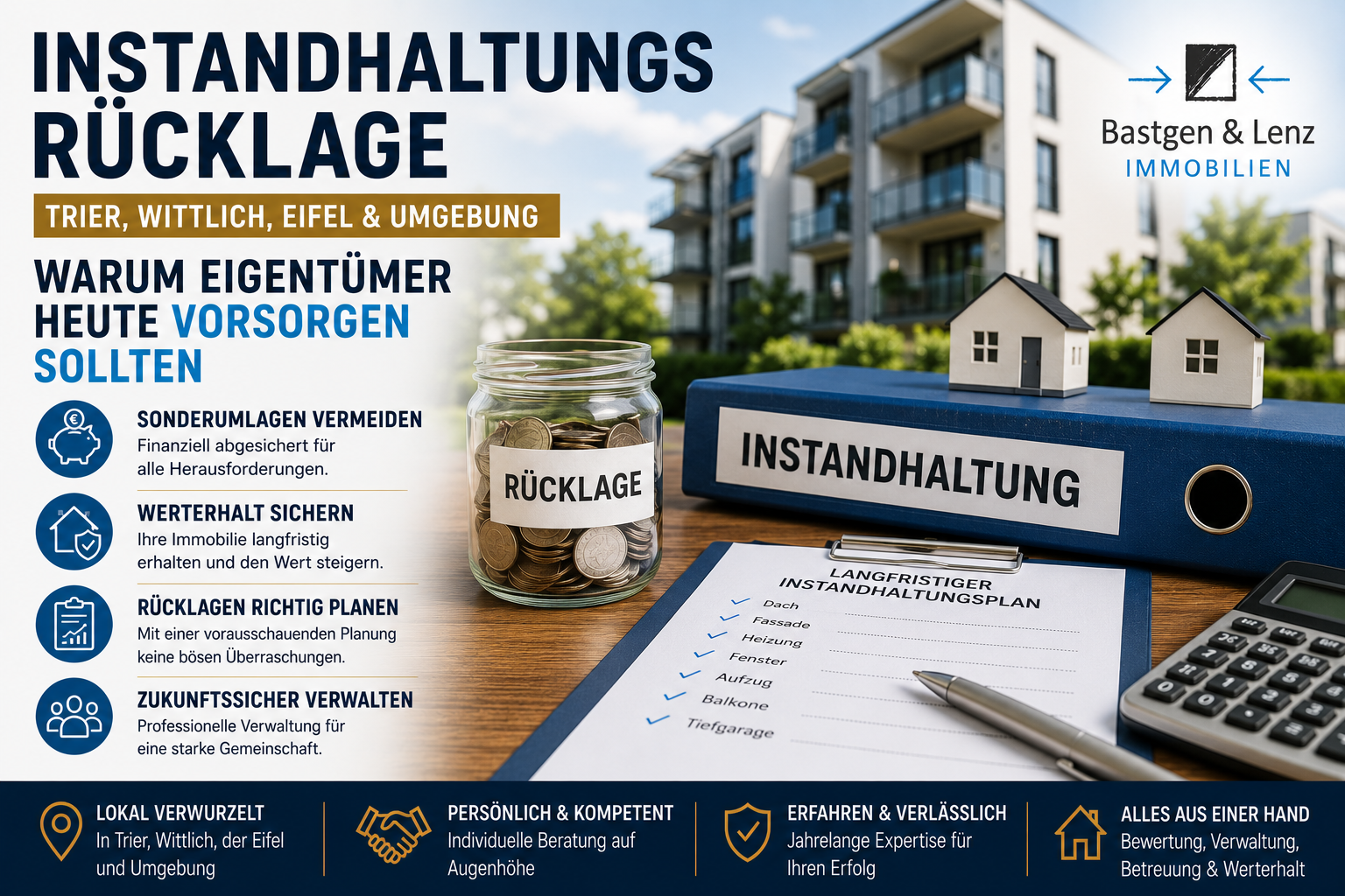 Instandhaltungsrücklage für Eigentümergemeinschaften in Trier, Wittlich und der Eifel – Rücklagenplanung und Werterhalt von Immobilien.