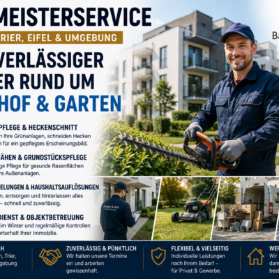 Hausmeisterservice in Wittlich, Trier und der Eifel – Gartenpflege, Heckenschnitt, Entrümpelungen und Objektbetreuung aus einer Hand.