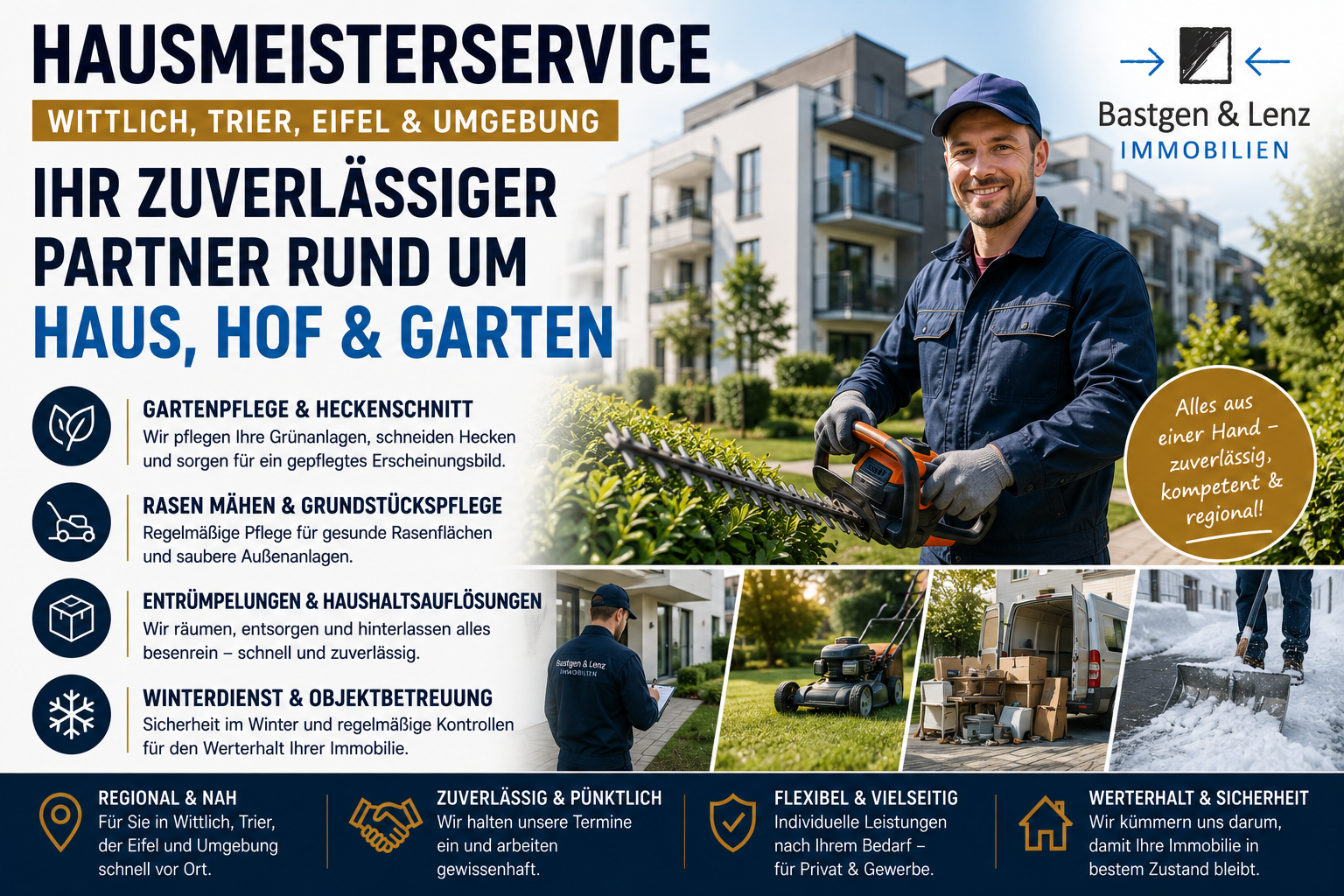 Hausmeisterservice in Wittlich, Trier und der Eifel – Gartenpflege, Heckenschnitt, Entrümpelungen und Objektbetreuung aus einer Hand.